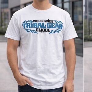 Tribal Size S White Blue Graphic Tee 100% Cotton Men's Short Sleeve T-Shirt